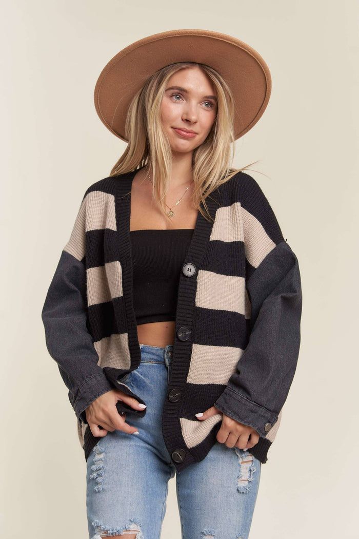 The Riley Denim Sleeve Striped Cardi