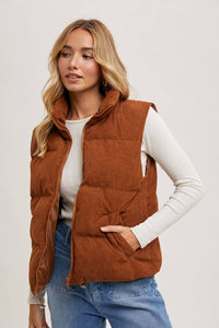 Corduroy Puffer Vest-Camel