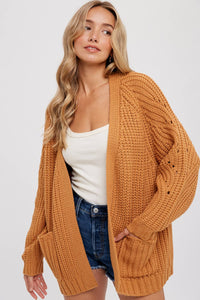 Chunky Pointelle Open Front Cardigan: Camel