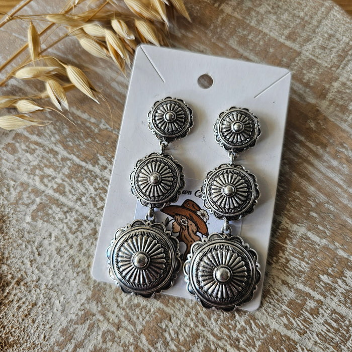 Western Concho Dangle Silver Earrings Round