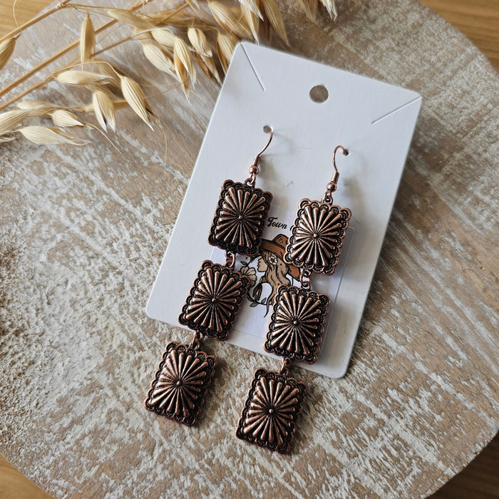 Western Concho Rectangle Dangle Earrings-Copper