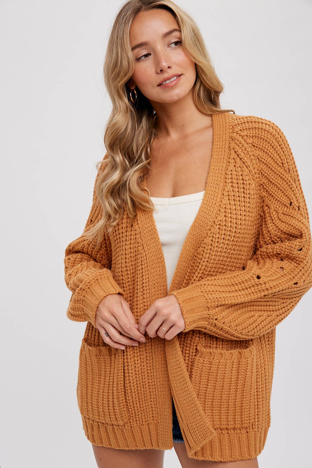 Chunky Pointelle Open Front Cardigan: Camel