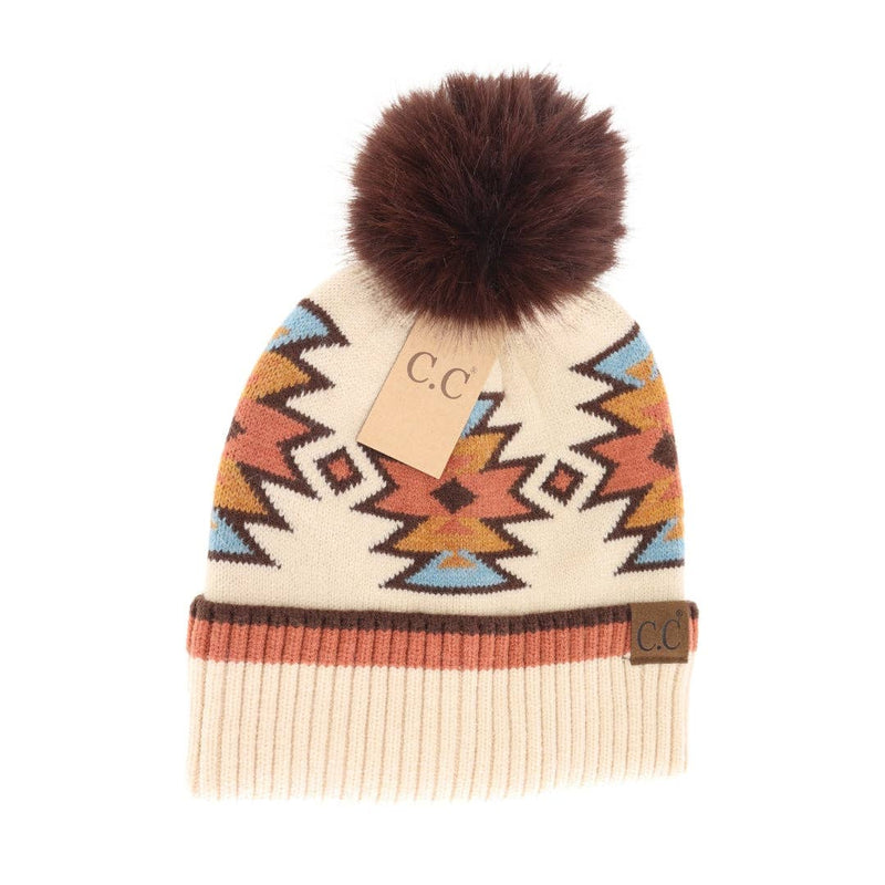 C.C Beanie - Southwestern Faux Fur Pom: Beige