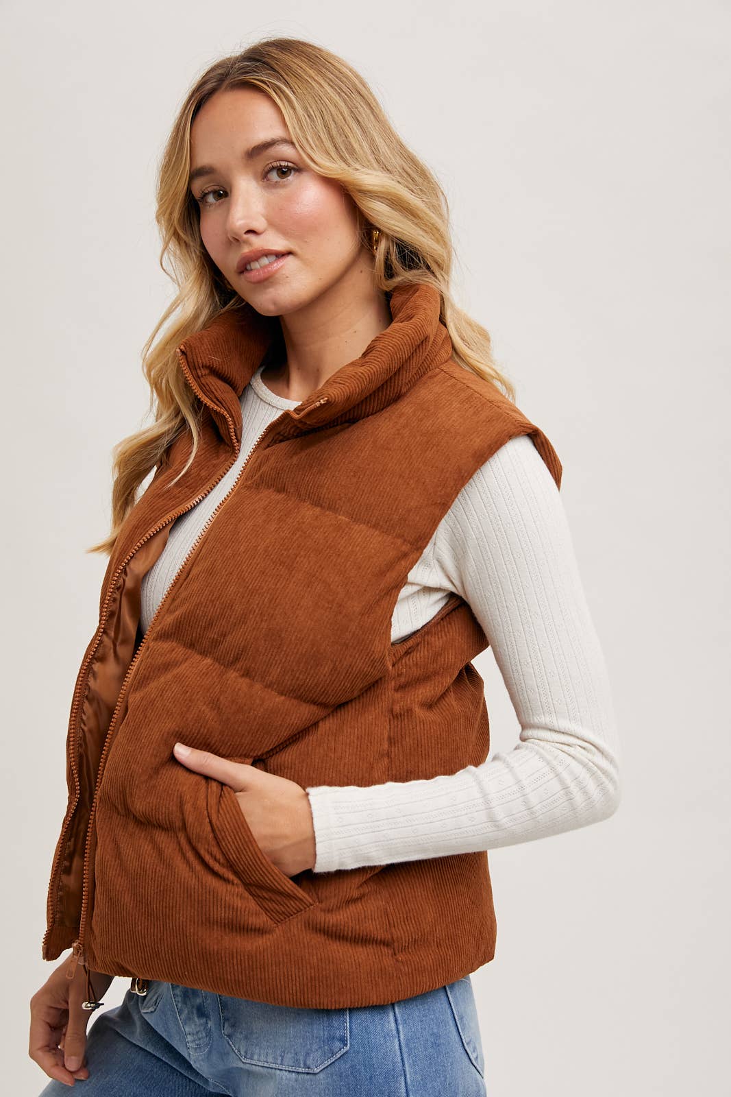 Corduroy Puffer Vest-Camel