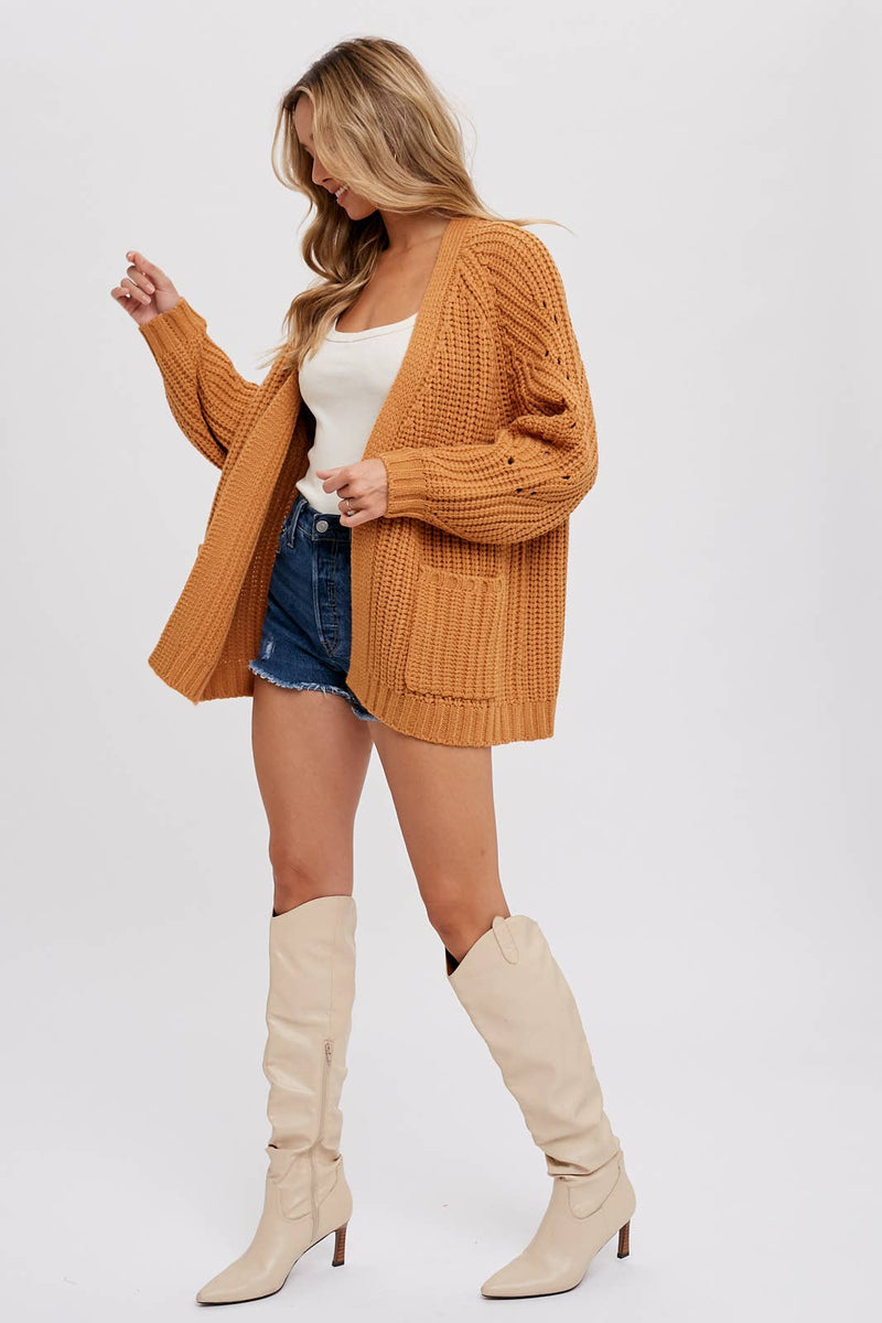 Chunky Pointelle Open Front Cardigan: Camel