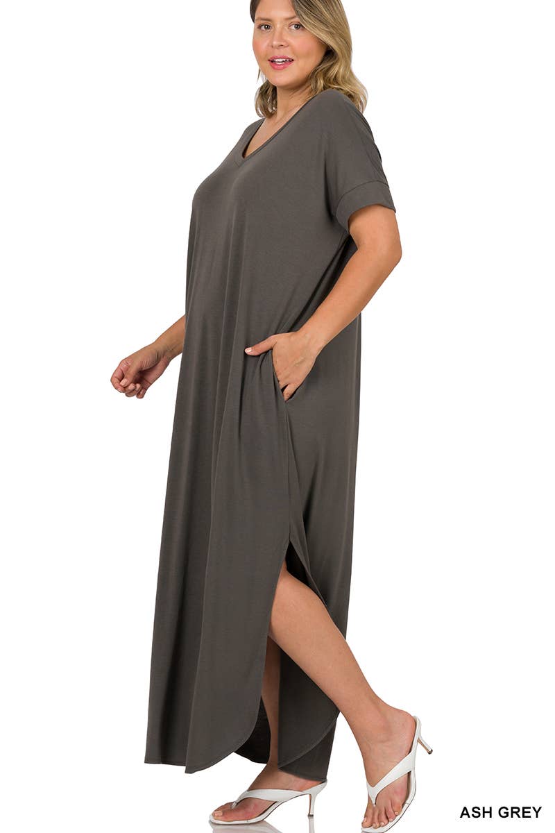 V-neck Short Sleeve Maxi Dress - Plus - Grey