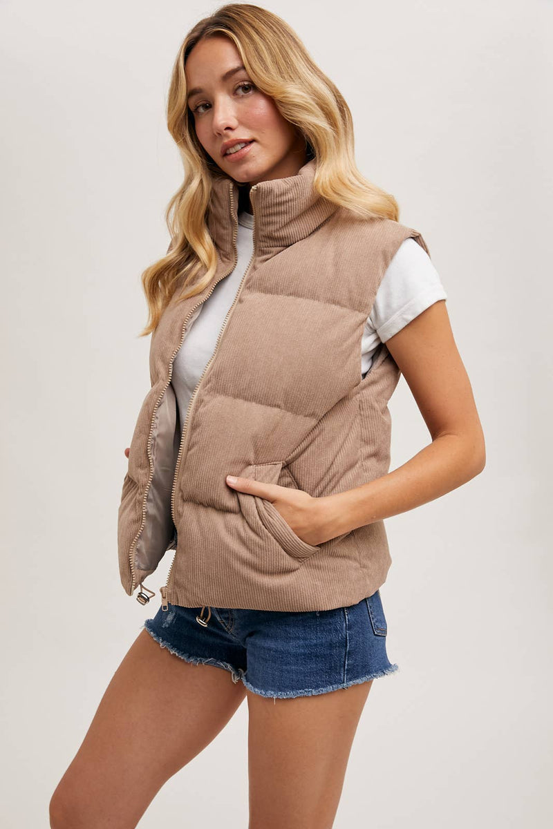 Corduroy Puffer Vest-Mushroom