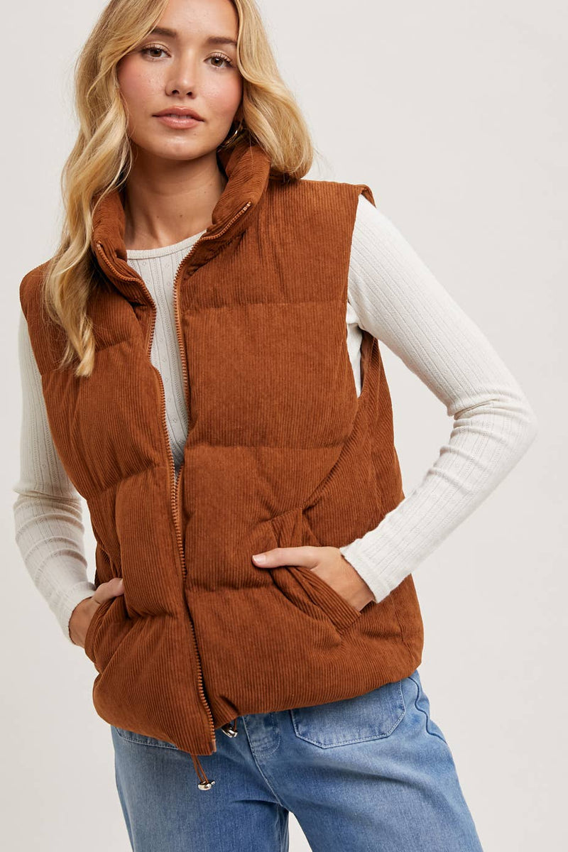 Corduroy Puffer Vest-Camel