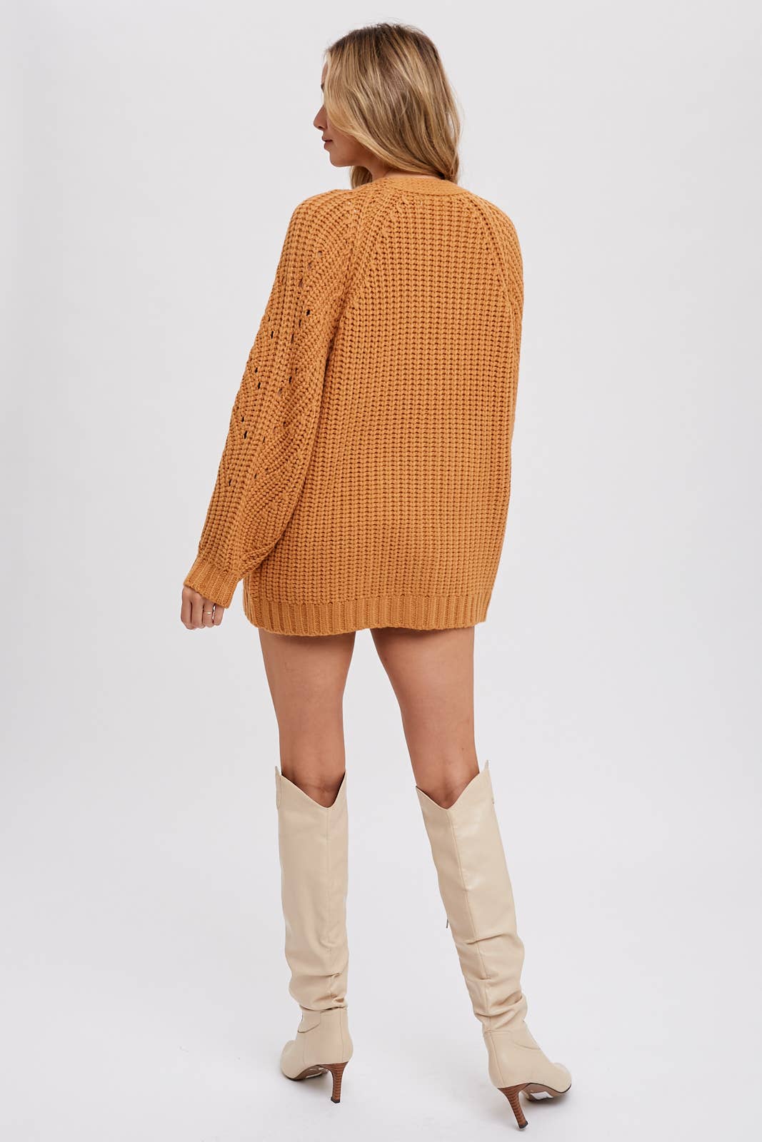 Chunky Pointelle Open Front Cardigan: Camel