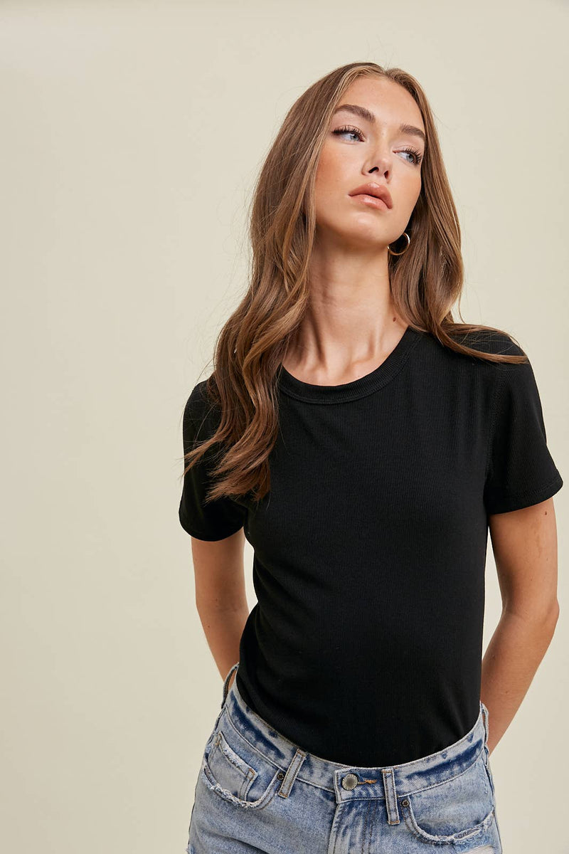 Ribbed Knit Basic Tee-Black