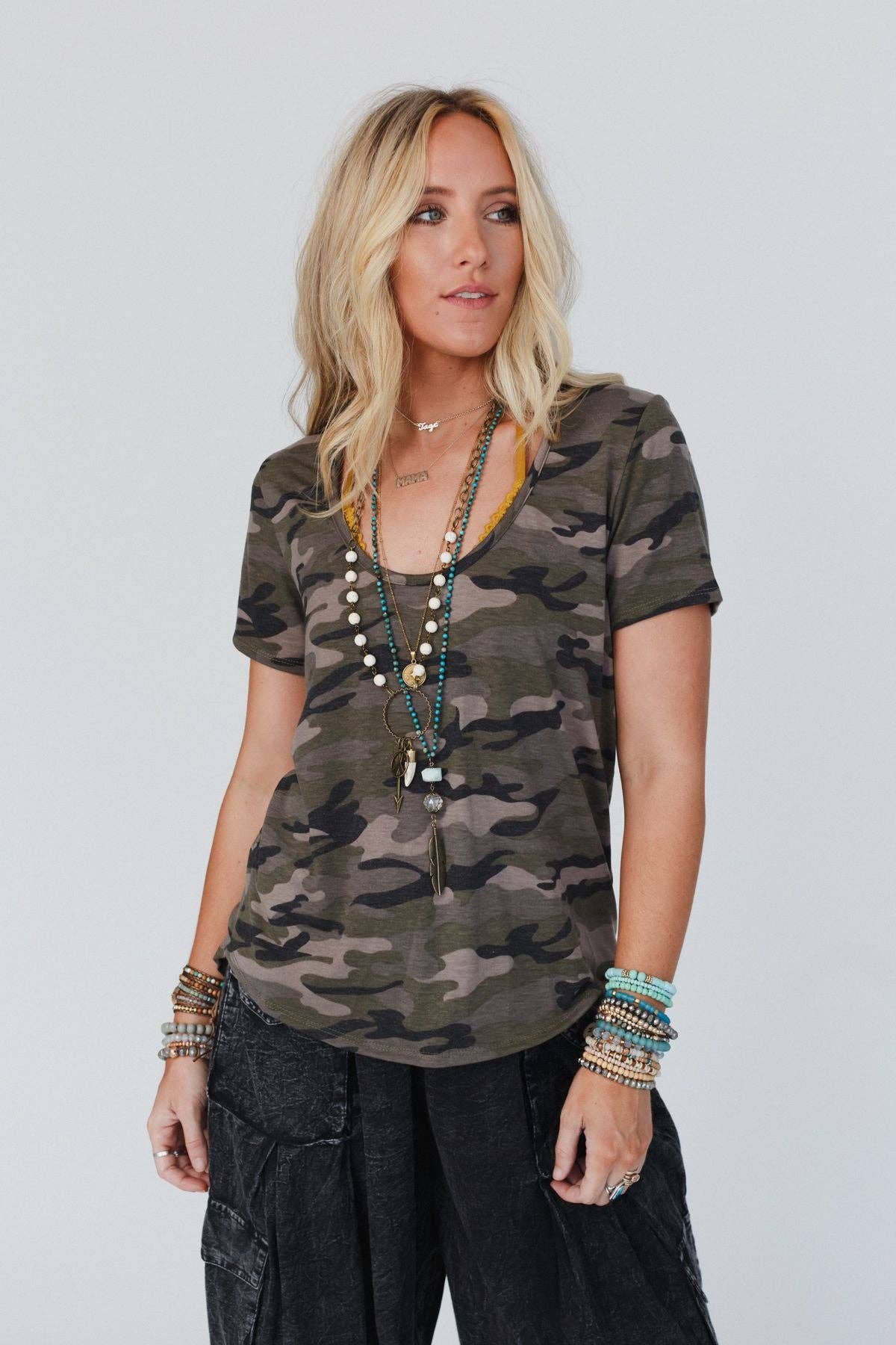 Scoop Neck Bralette Tee - Camo