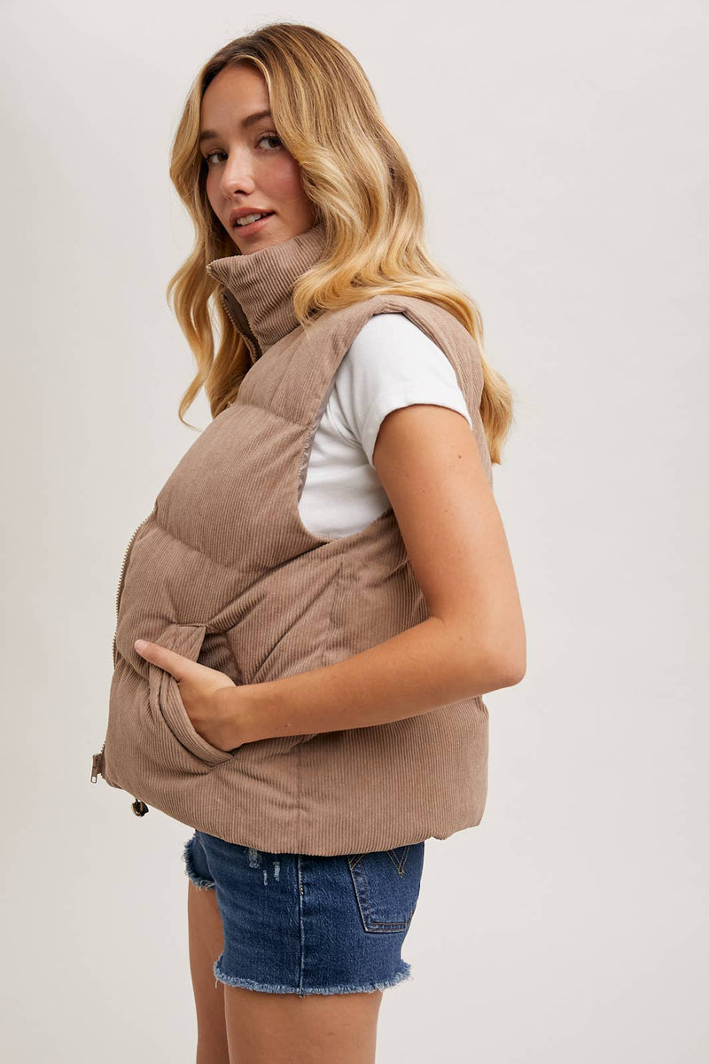 Corduroy Puffer Vest-Mushroom