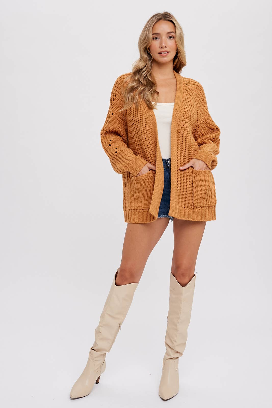 Chunky Pointelle Open Front Cardigan: Camel