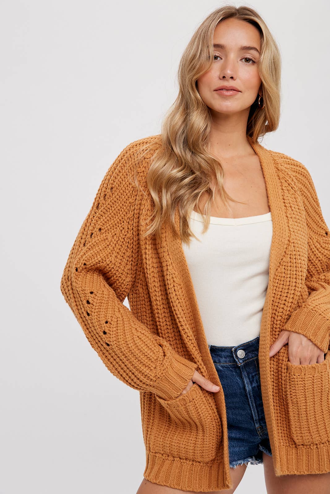 Chunky Pointelle Open Front Cardigan: Camel