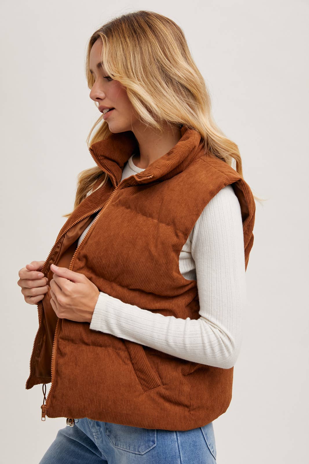 Corduroy Puffer Vest-Camel