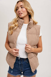 Corduroy Puffer Vest-Mushroom