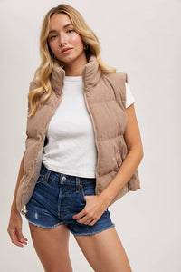 Corduroy Puffer Vest-Mushroom