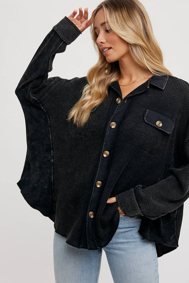 Slouchy Waffle Knit Jacket-Black