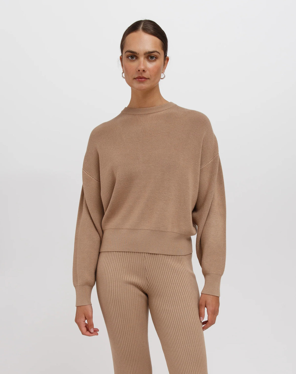 Brunette The Label Olivia-Rib Knit Crew Sweater/Fawn