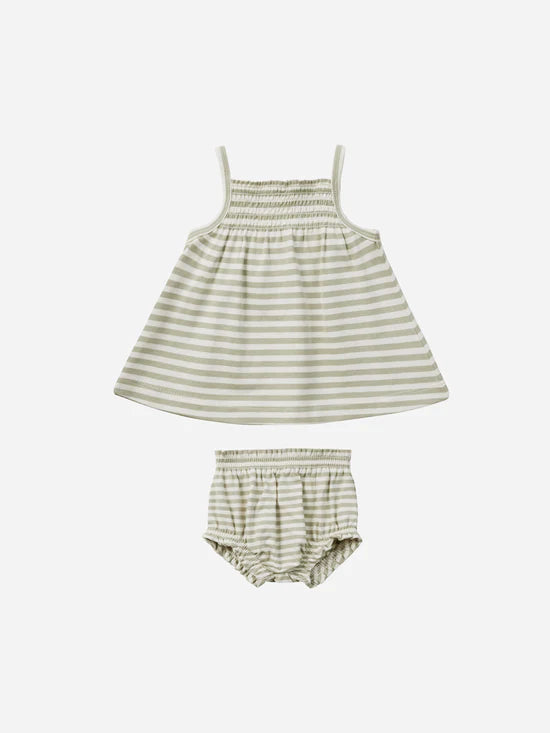 Quincy Mae Smocked Tank + Bloomer Set || Sage Stripe