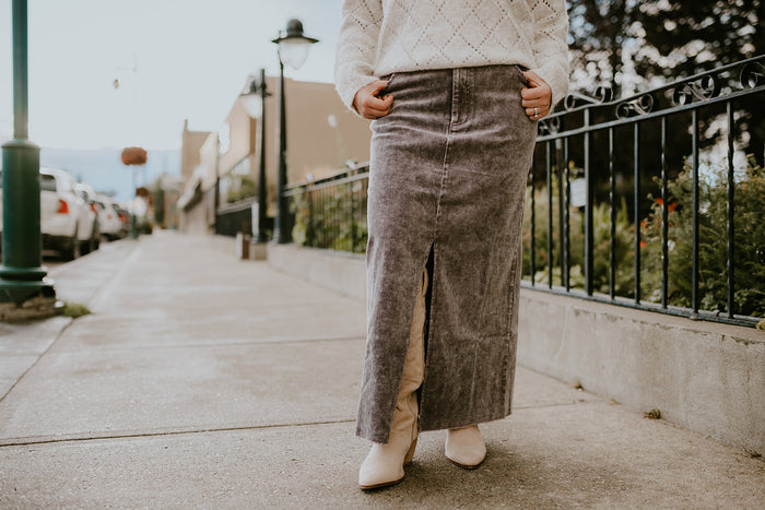 Mystree Washed Front Slit Corduroy Skirt