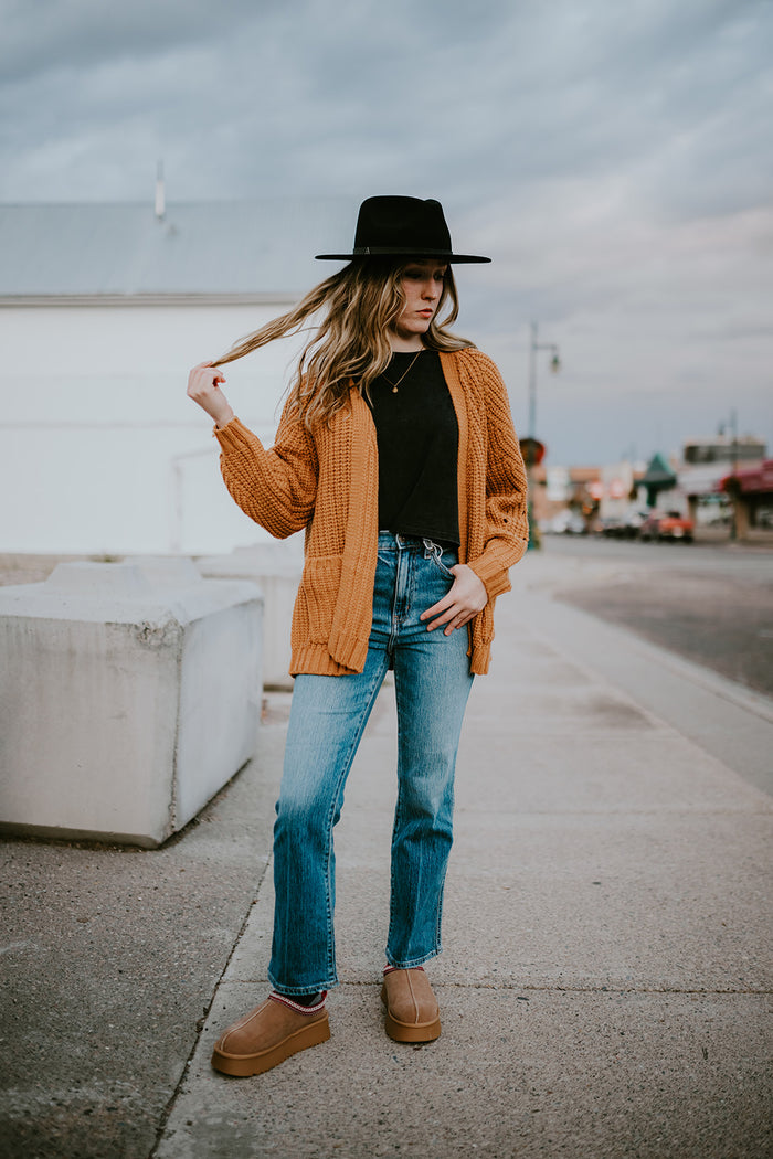 Chunky Pointelle Open Front Cardigan: Camel