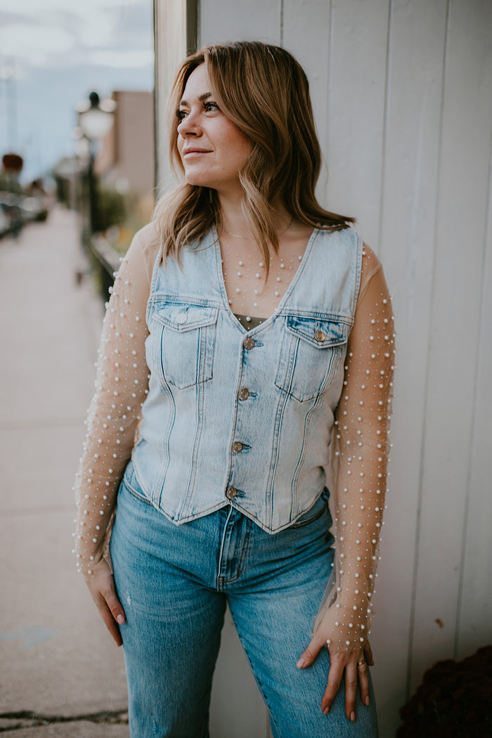 Pearl & Rhinestone Top - Nude