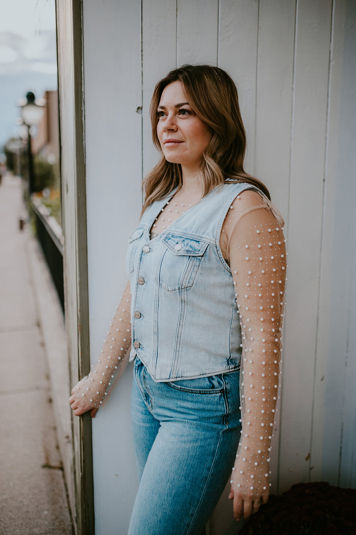 Pearl & Rhinestone Top - Nude