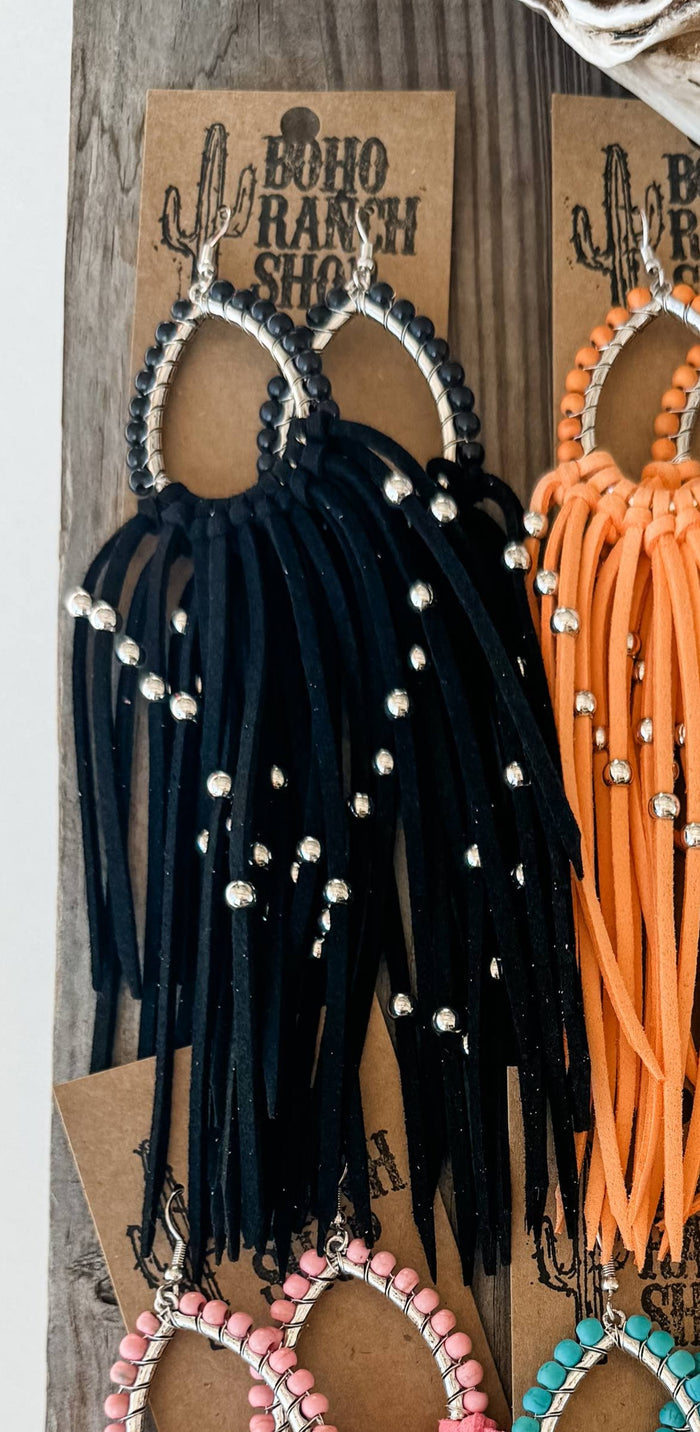 Western Suede Long Tassel Teardrop Dangle Earrings-BLACK