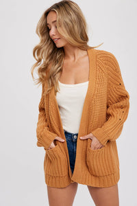 Chunky Pointelle Open Front Cardigan: Camel