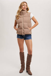 Corduroy Puffer Vest-Mushroom