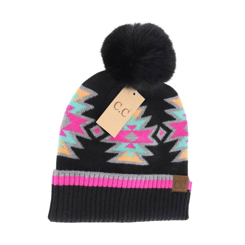 C.C Beanie - Southwestern Faux Fur Pom: Black Multi