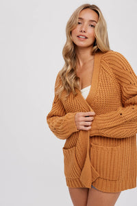 Chunky Pointelle Open Front Cardigan: Camel