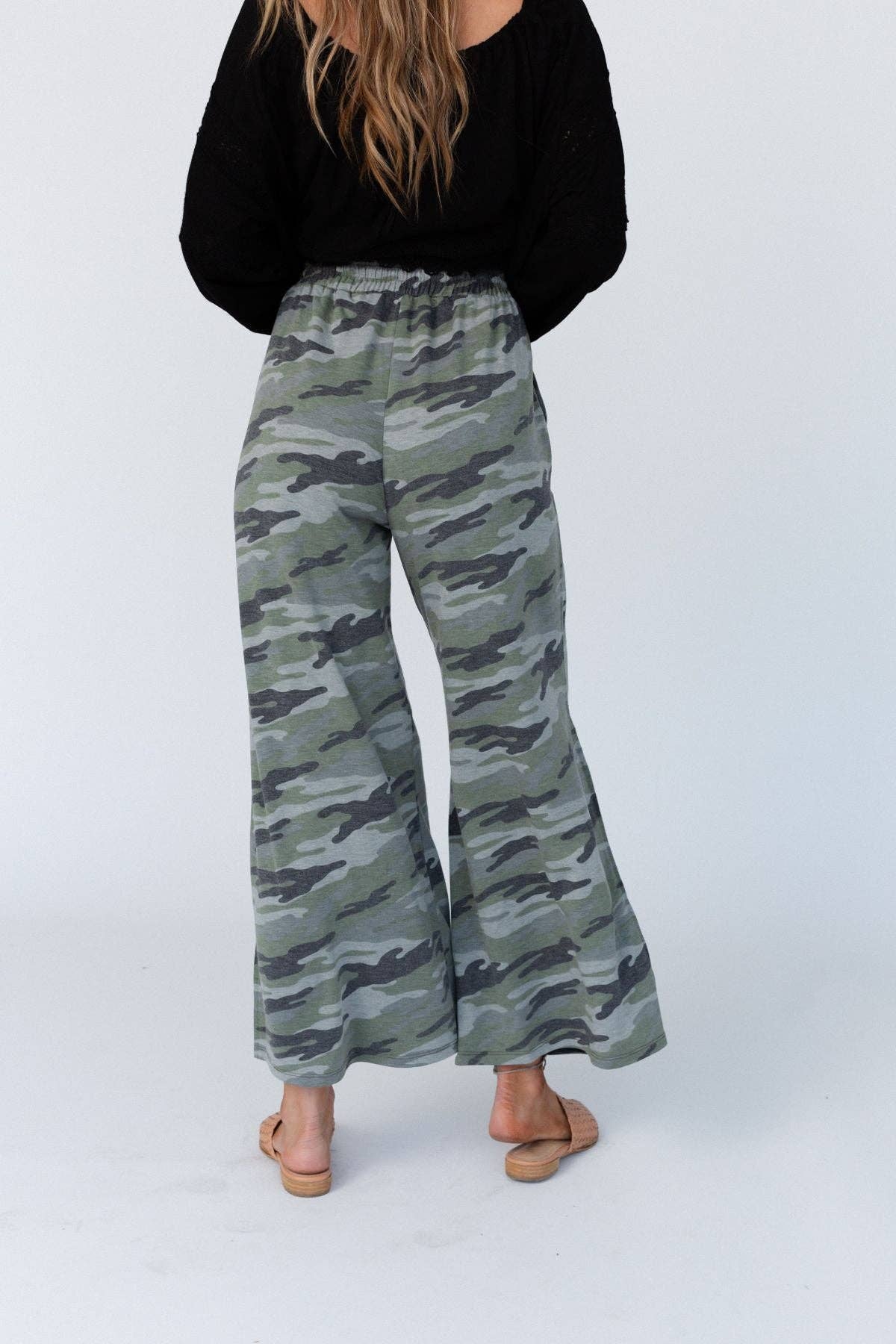 Casual Wide Leg Slit Pants - Charcoal Camo