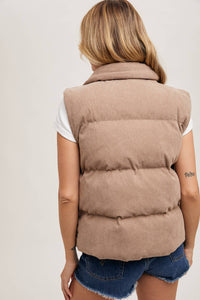 Corduroy Puffer Vest-Mushroom