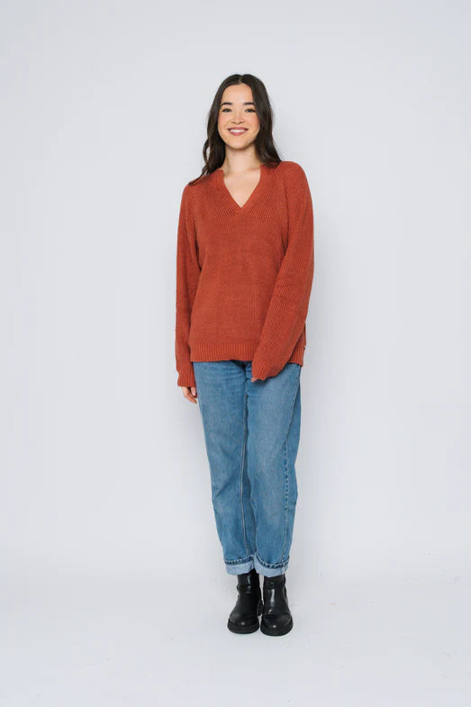 Orb Christy Mock Neck Split Front Pullover-Faded Brick