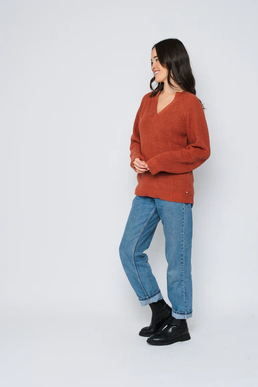 Orb Christy Mock Neck Split Front Pullover-Faded Brick