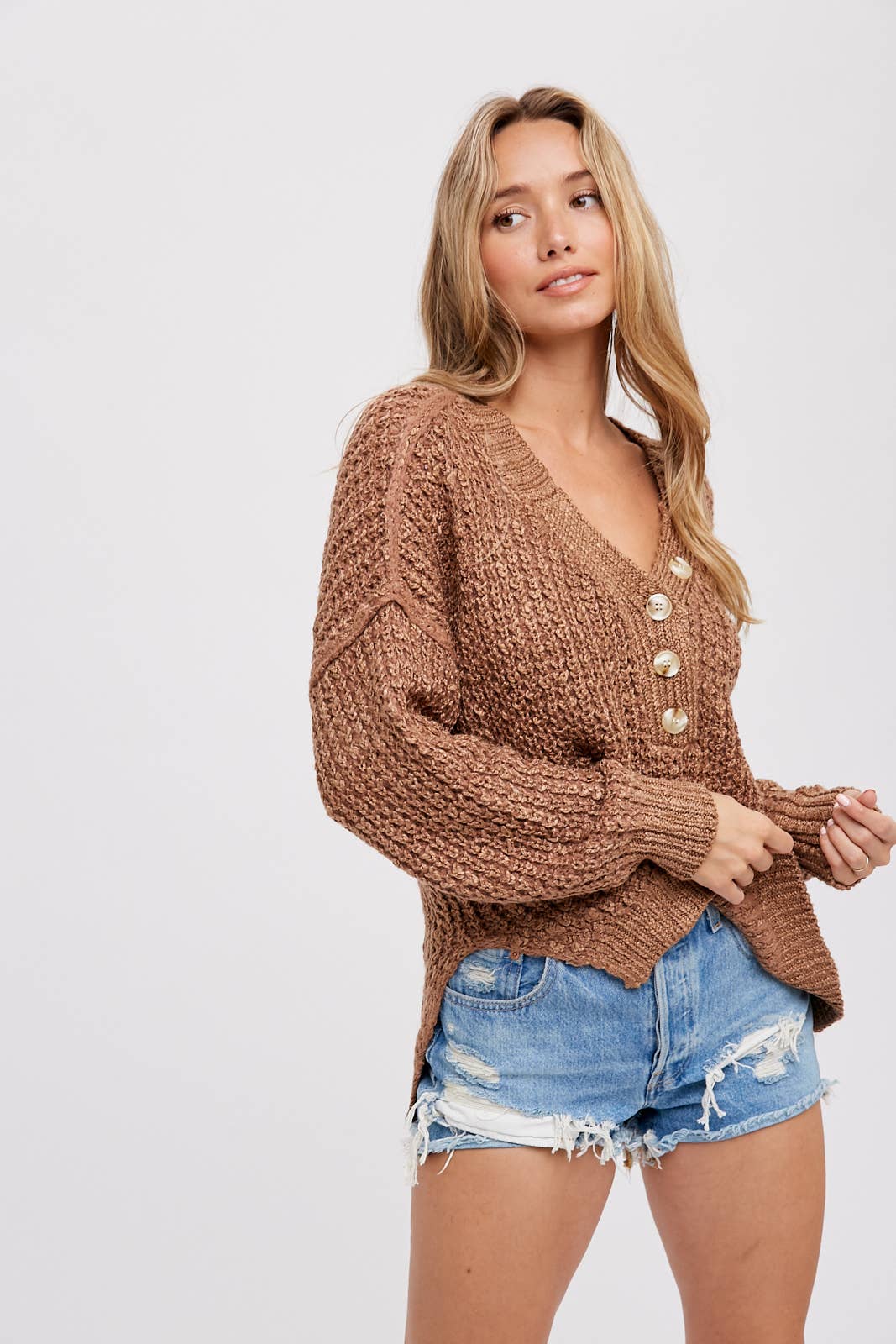 Thermal Henely Sweater Top - Mocha