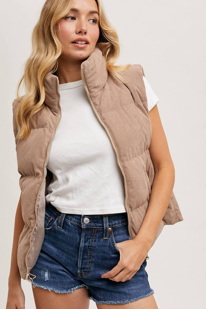 Corduroy Puffer Vest-Mushroom