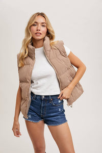 Corduroy Puffer Vest-Mushroom